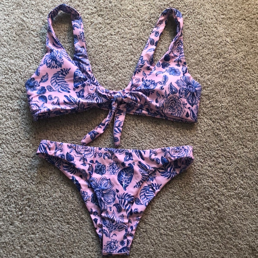 Pink and blue floral bikini